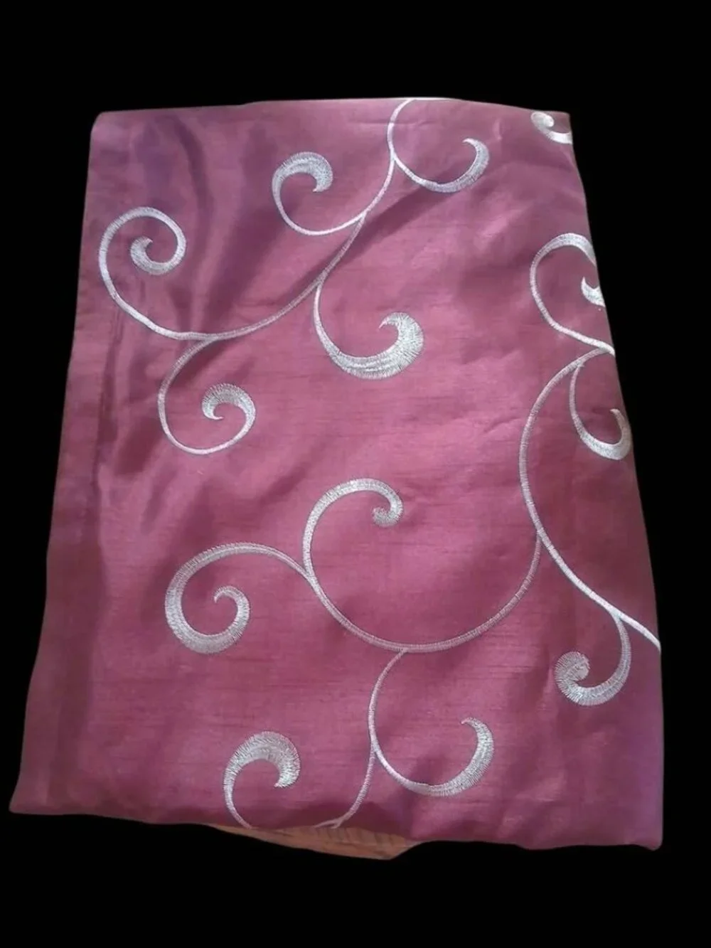 1 Pair Beautiful maroon curtain panels silver embroidered swirl design. Fabr